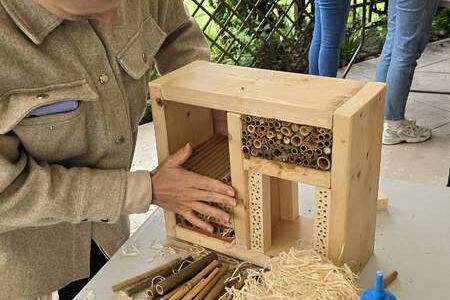 Personen während der Bauphase eines Insektenhotelbau Teamevent/Teambuilding/Betriebsausflug von bo events in Darmstadt.